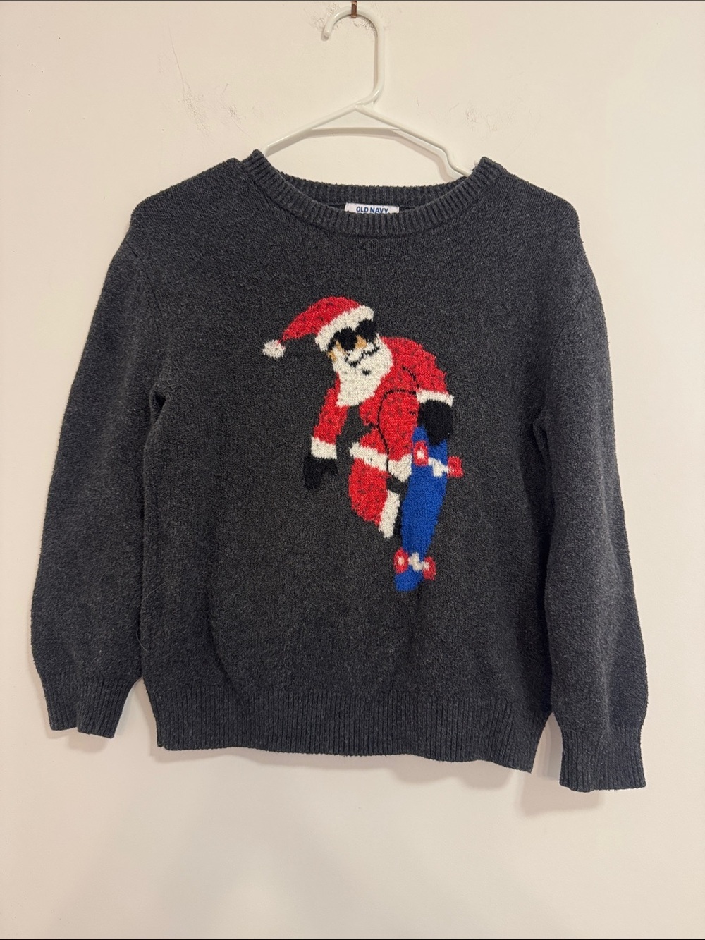 Old Navy Charcoal Kids Sweater with Red Santa Skateboard Graphic